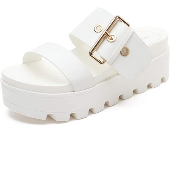 Dolls Kill Shoes - MACKIN J Pure White Flirty Platform Slide Sandals
